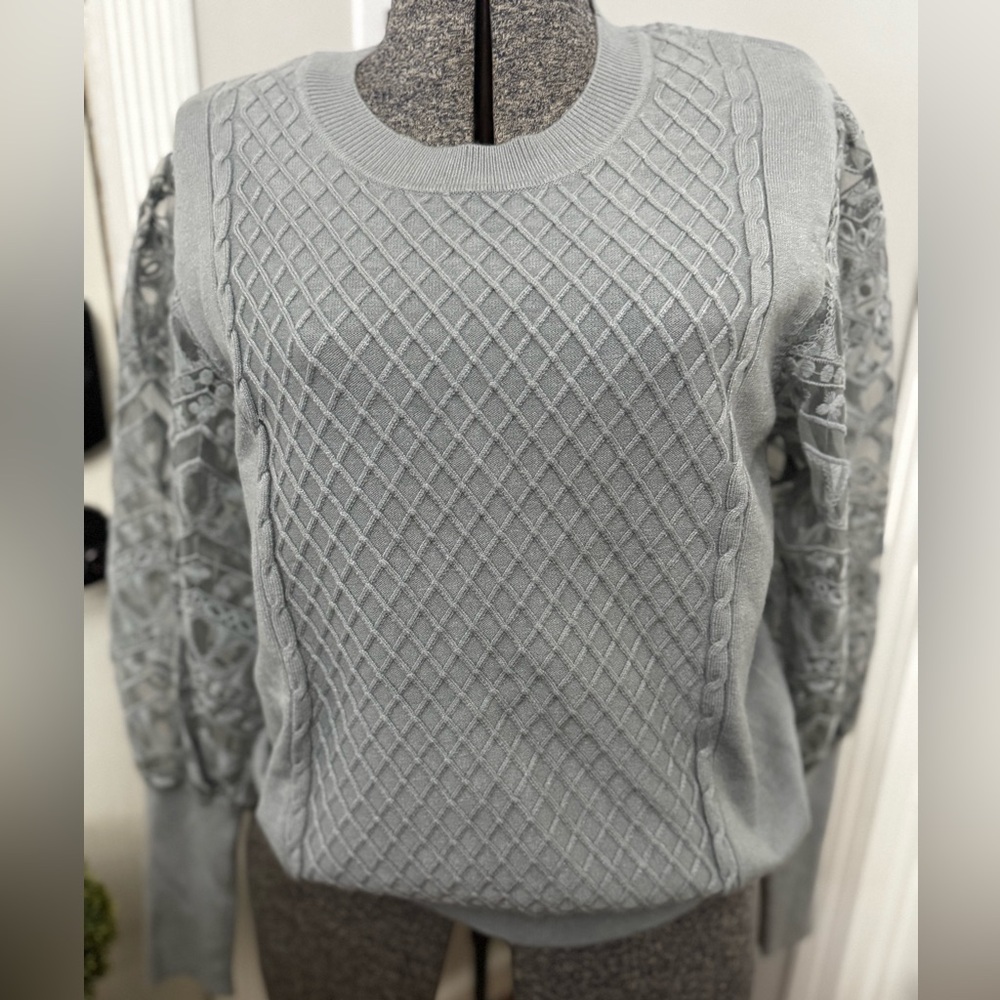 Anthropologie Calligraphie Blue Puff Lace Sleeve Sweater with Pattern Medium